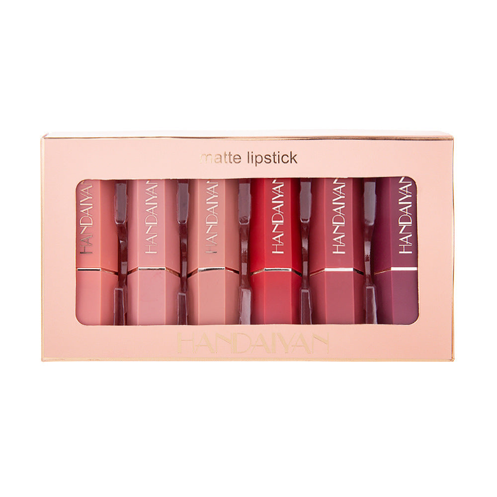 Handaiyan Matte Lipstick Set of 6 – Long Lasting Velvet Lip Gloss, Highly Pigmented, Hydrating, Non-Stick Cup Lip Stain in Peach, Pink & Nude Shades for Women & Girls
