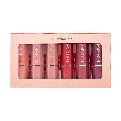 Handaiyan Matte Lipstick Set of 6 – Long Lasting Velvet Lip Gloss, Highly Pigmented, Hydrating, Non-Stick Cup Lip Stain in Peach, Pink & Nude Shades for Women & Girls