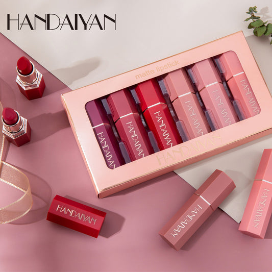 Handaiyan Matte Lipstick Set of 6 – Long Lasting Velvet Lip Gloss, Highly Pigmented, Hydrating, Non-Stick Cup Lip Stain in Peach, Pink & Nude Shades for Women & Girls