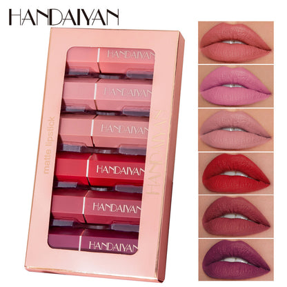 Handaiyan Matte Lipstick Set of 6 – Long Lasting Velvet Lip Gloss, Highly Pigmented, Hydrating, Non-Stick Cup Lip Stain in Peach, Pink & Nude Shades for Women & Girls