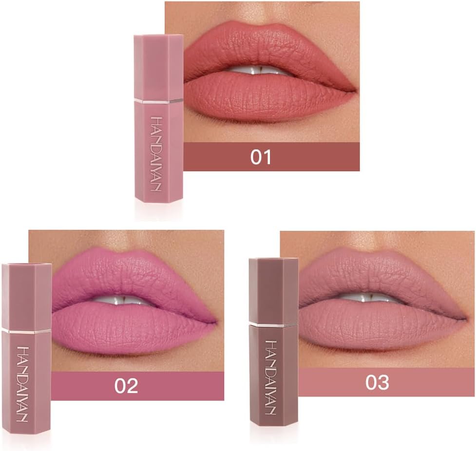 Handaiyan Matte Lipstick Set of 6 – Long Lasting Velvet Lip Gloss, Highly Pigmented, Hydrating, Non-Stick Cup Lip Stain in Peach, Pink & Nude Shades for Women & Girls