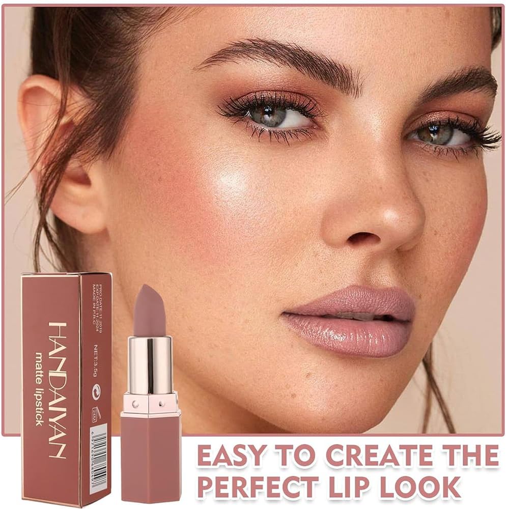 Handaiyan Matte Lipstick Set of 6 – Long Lasting Velvet Lip Gloss, Highly Pigmented, Hydrating, Non-Stick Cup Lip Stain in Peach, Pink & Nude Shades for Women & Girls