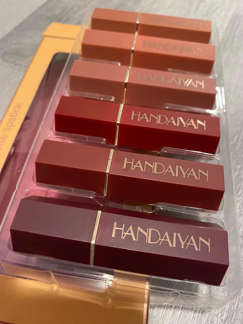 Handaiyan Matte Lipstick Set of 6 – Long Lasting Velvet Lip Gloss, Highly Pigmented, Hydrating, Non-Stick Cup Lip Stain in Peach, Pink & Nude Shades for Women & Girls