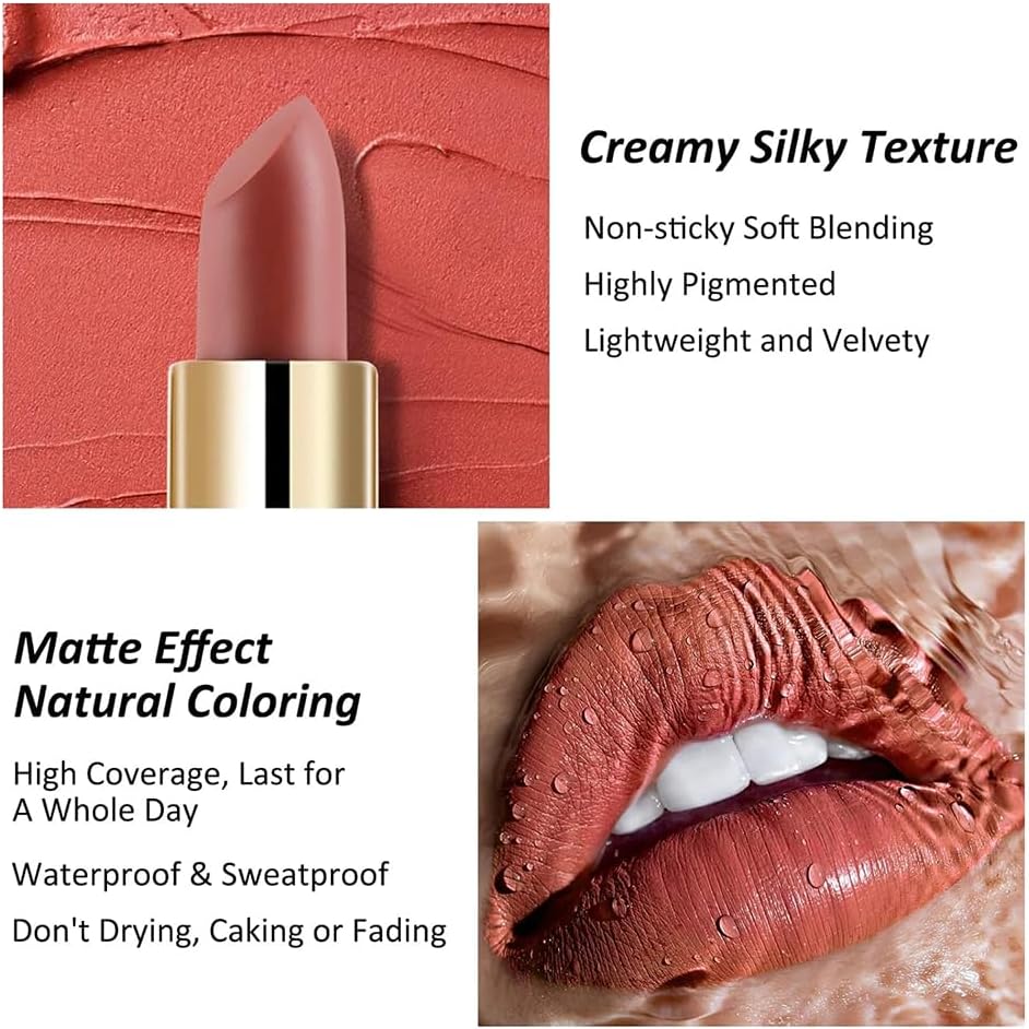 Handaiyan Matte Lipstick Set of 6 – Long Lasting Velvet Lip Gloss, Highly Pigmented, Hydrating, Non-Stick Cup Lip Stain in Peach, Pink & Nude Shades for Women & Girls
