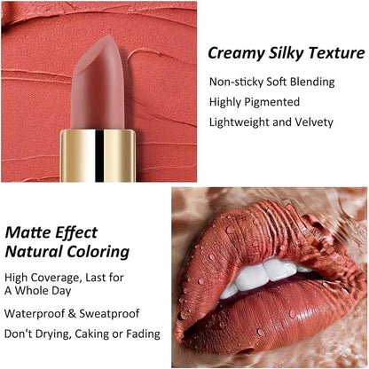 Handaiyan Matte Lipstick Set of 6 – Long Lasting Velvet Lip Gloss, Highly Pigmented, Hydrating, Non-Stick Cup Lip Stain in Peach, Pink & Nude Shades for Women & Girls