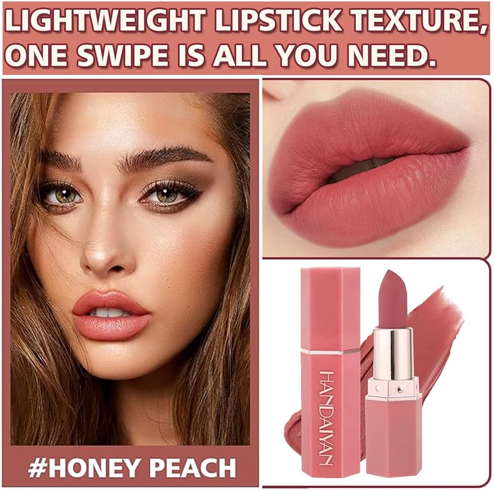 Handaiyan Matte Lipstick Set of 6 – Long Lasting Velvet Lip Gloss, Highly Pigmented, Hydrating, Non-Stick Cup Lip Stain in Peach, Pink & Nude Shades for Women & Girls