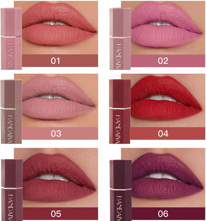 Handaiyan Matte Lipstick Set of 6 – Long Lasting Velvet Lip Gloss, Highly Pigmented, Hydrating, Non-Stick Cup Lip Stain in Peach, Pink & Nude Shades for Women & Girls