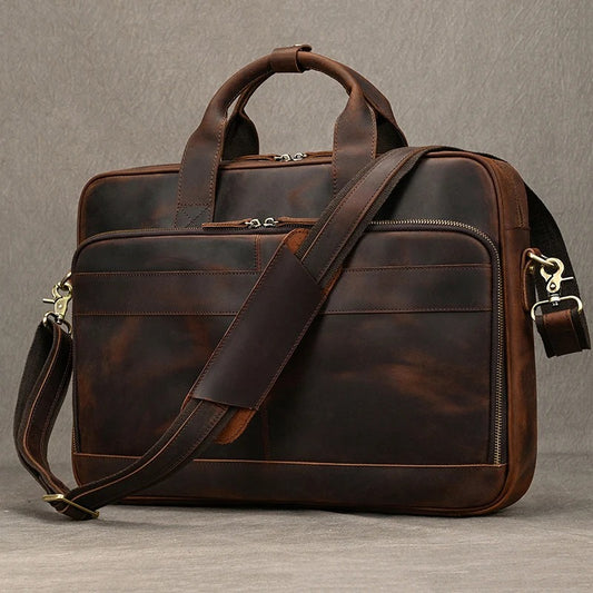 Premium 100% Genuine Cowhide Leather Unisex Briefcase – Handmade 16" Inch Vintage Executive Laptop, MacBook, Business & Office Shoulder Bag – Stylish, Durable & Perfect for Professionals.