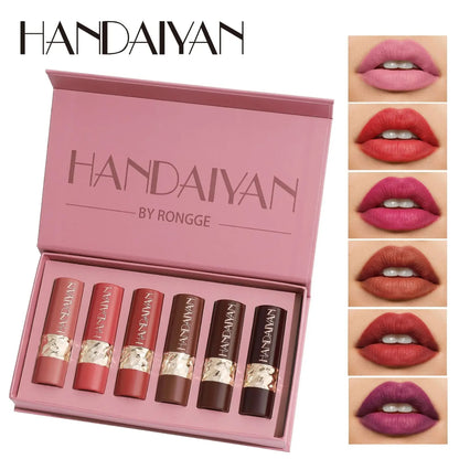 Handaiyan Matte Lipstick Set of 6 – Long Lasting Velvet Lip Gloss, Highly Pigmented, Hydrating, Non-Stick Cup Lip Stain in Peach, Pink & Nude Shades for Women & Girls