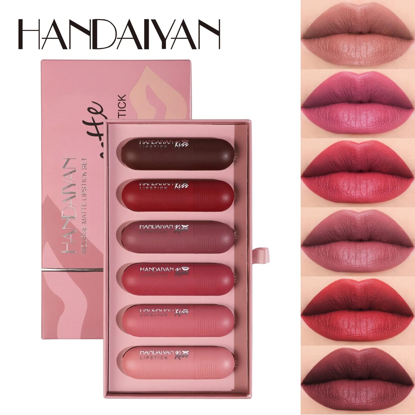 Handaiyan Matte Lipstick Set of 6 – Long Lasting Velvet Lip Gloss, Highly Pigmented, Hydrating, Non-Stick Cup Lip Stain in Peach, Pink & Nude Shades for Women & Girls