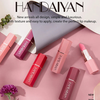 Handaiyan Matte Lipstick Set of 6 – Long Lasting Velvet Lip Gloss, Highly Pigmented, Hydrating, Non-Stick Cup Lip Stain in Peach, Pink & Nude Shades for Women & Girls