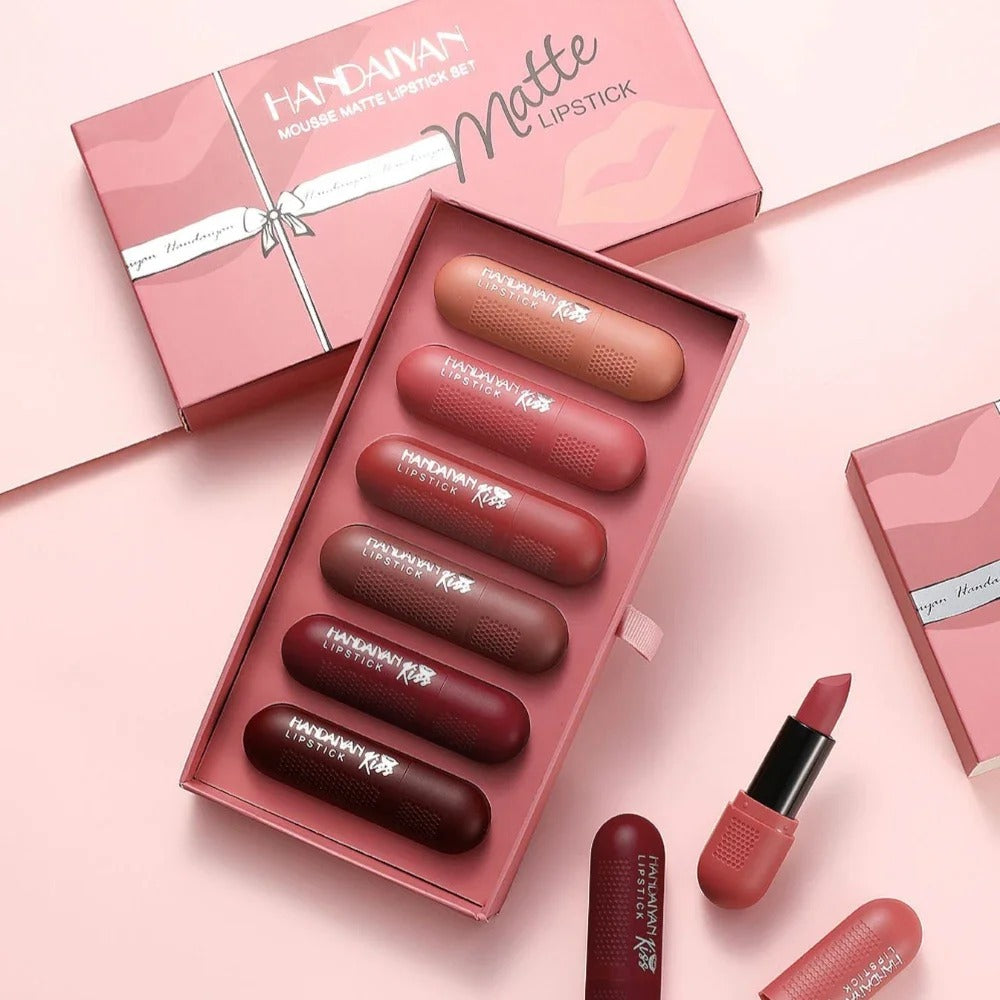 Handaiyan Matte Lipstick Set of 6 – Long Lasting Velvet Lip Gloss, Highly Pigmented, Hydrating, Non-Stick Cup Lip Stain in Peach, Pink & Nude Shades for Women & Girls