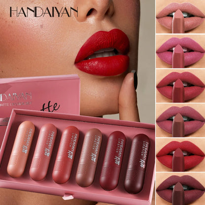Handaiyan Matte Lipstick Set of 6 – Long Lasting Velvet Lip Gloss, Highly Pigmented, Hydrating, Non-Stick Cup Lip Stain in Peach, Pink & Nude Shades for Women & Girls