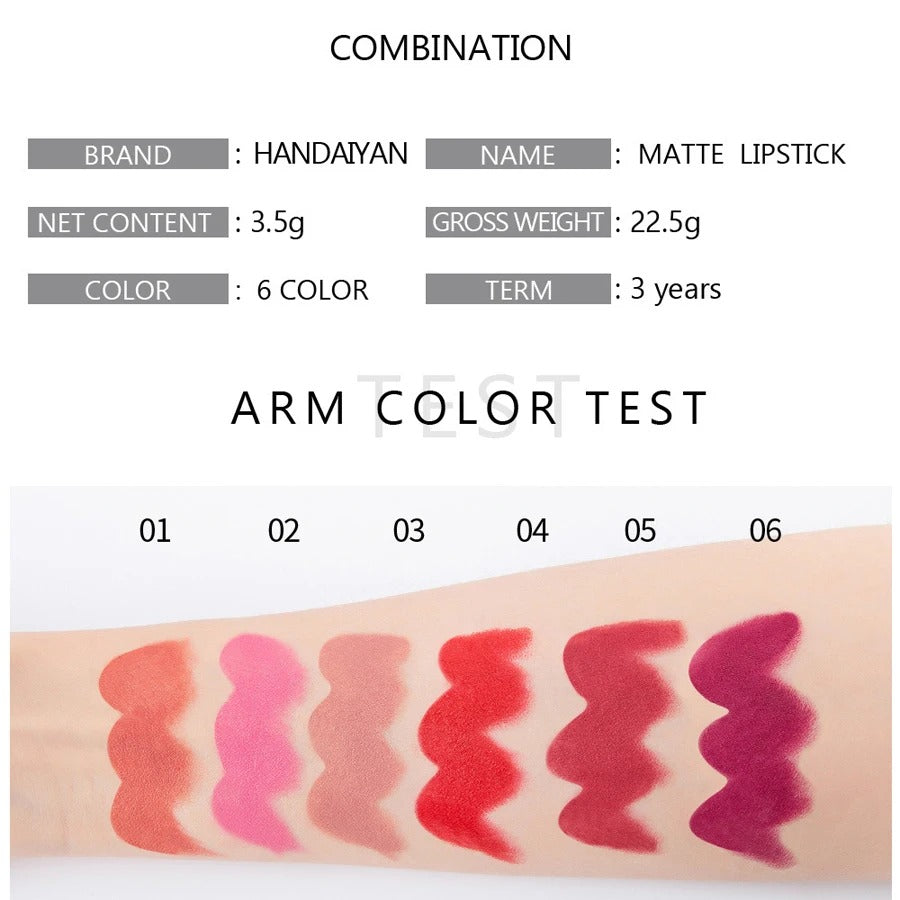 Handaiyan Matte Lipstick Set of 6 – Long Lasting Velvet Lip Gloss, Highly Pigmented, Hydrating, Non-Stick Cup Lip Stain in Peach, Pink & Nude Shades for Women & Girls