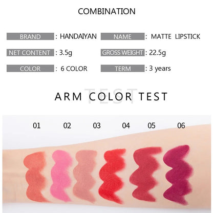 Handaiyan Matte Lipstick Set of 6 – Long Lasting Velvet Lip Gloss, Highly Pigmented, Hydrating, Non-Stick Cup Lip Stain in Peach, Pink & Nude Shades for Women & Girls