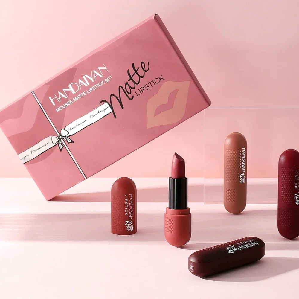 Handaiyan Matte Lipstick Set of 6 – Long Lasting Velvet Lip Gloss, Highly Pigmented, Hydrating, Non-Stick Cup Lip Stain in Peach, Pink & Nude Shades for Women & Girls