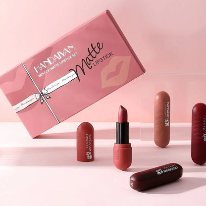 Handaiyan Matte Lipstick Set of 6 – Long Lasting Velvet Lip Gloss, Highly Pigmented, Hydrating, Non-Stick Cup Lip Stain in Peach, Pink & Nude Shades for Women & Girls