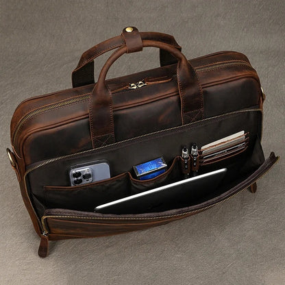 Premium 100% Genuine Cowhide Leather Unisex Briefcase – Handmade 16" Inch Vintage Executive Laptop, MacBook, Business & Office Shoulder Bag – Stylish, Durable & Perfect for Professionals.