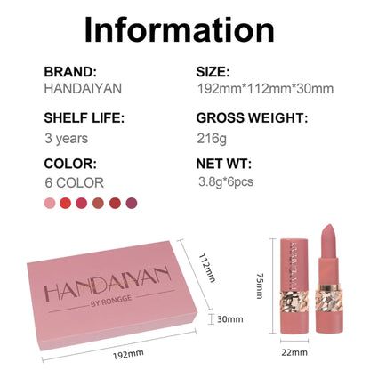 Handaiyan Matte Lipstick Set of 6 – Long Lasting Velvet Lip Gloss, Highly Pigmented, Hydrating, Non-Stick Cup Lip Stain in Peach, Pink & Nude Shades for Women & Girls