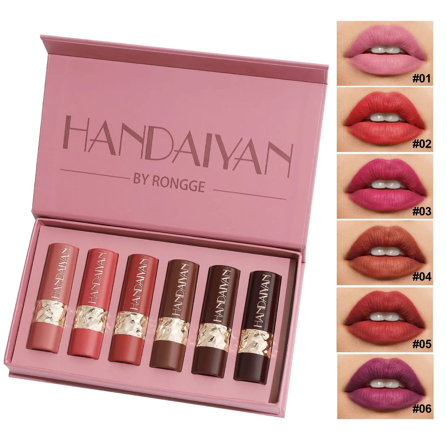 Handaiyan Matte Lipstick Set of 6 – Long Lasting Velvet Lip Gloss, Highly Pigmented, Hydrating, Non-Stick Cup Lip Stain in Peach, Pink & Nude Shades for Women & Girls