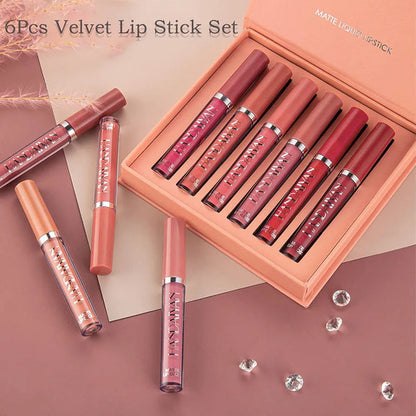 6-Piece Velvet Matte Liquid Lipstick Set with a waterproof, long-lasting, non-sticky formula in stunning nude shades. Quick-drying with up to 24-hour stay, ideal for daily use or as a makeup gift for women, Combo Pack (6 x 2.5ML each).