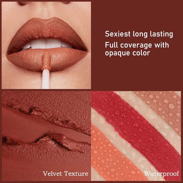 6-Piece Velvet Matte Liquid Lipstick Set with a waterproof, long-lasting, non-sticky formula in stunning nude shades. Quick-drying with up to 24-hour stay, ideal for daily use or as a makeup gift for women, Combo Pack (6 x 2.5ML each).