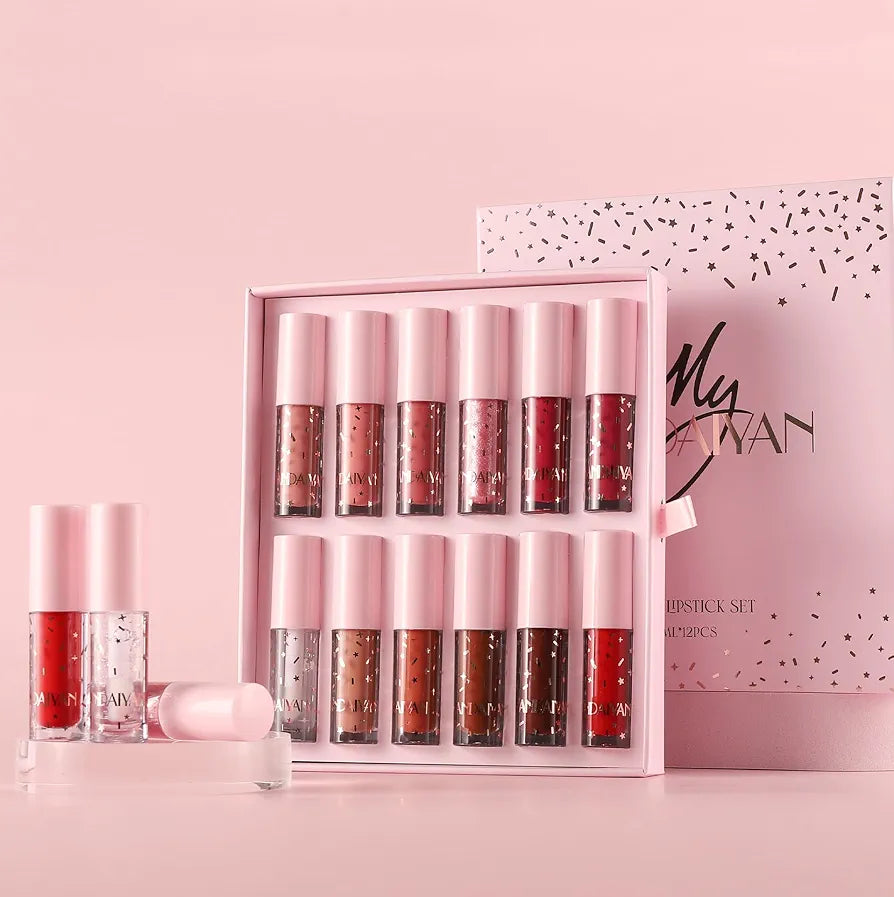 12-Piece Velvet Matte Liquid Lipstick Set with waterproof, long-lasting, non-sticky formula in stunning nude shades. Quick-drying with up to 24-hour stay, ideal for daily use or as a makeup gift for women. (2.5ML X 12 each)