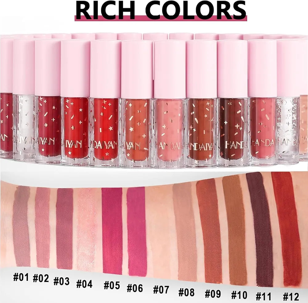 12-Piece Velvet Matte Liquid Lipstick Set with waterproof, long-lasting, non-sticky formula in stunning nude shades. Quick-drying with up to 24-hour stay, ideal for daily use or as a makeup gift for women. (2.5ML X 12 each)