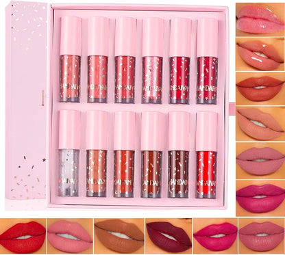 12-Piece Velvet Matte Liquid Lipstick Set with waterproof, long-lasting, non-sticky formula in stunning nude shades. Quick-drying with up to 24-hour stay, ideal for daily use or as a makeup gift for women. (2.5ML X 12 each)
