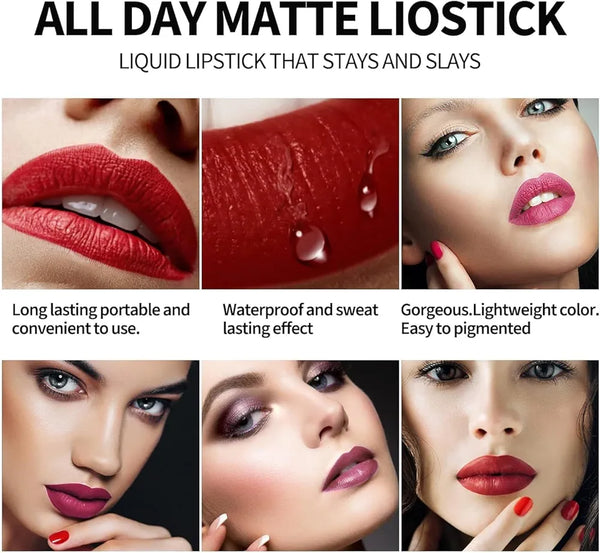 6-Piece Velvet Matte Liquid Lipstick Set with a waterproof, long-lasting, non-sticky formula in stunning nude shades. Quick-drying with up to 24-hour stay, ideal for daily use or as a makeup gift for women, Combo Pack (6 x 2.5ML each).