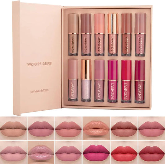 12-Piece Velvet Matte Liquid Lipstick Set with waterproof, long-lasting, non-sticky formula in stunning nude shades. Quick-drying with up to 24-hour stay, ideal for daily use or as a makeup gift for women. (2.5ML X 12)
