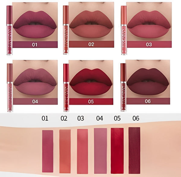 6-Piece Velvet Matte Liquid Lipstick Set with a waterproof, long-lasting, non-sticky formula in stunning nude shades. Quick-drying with up to 24-hour stay, ideal for daily use or as a makeup gift for women, Combo Pack (6 x 2.5ML each).