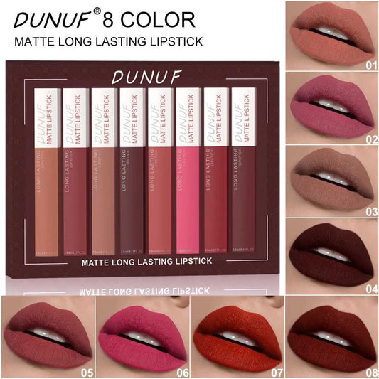 DUNUF 8-Piece Velvet Matte Lip Gloss Lipstick Set, Waterproof, Long-Lasting, Non-Sticky Formula in Stunning Nude Shades, Quick-Drying with Up to 24-Hour Stay, Ideal for Daily Use or Makeup Gift for Women, Combo Pack (8 × 3.5 ML Each).