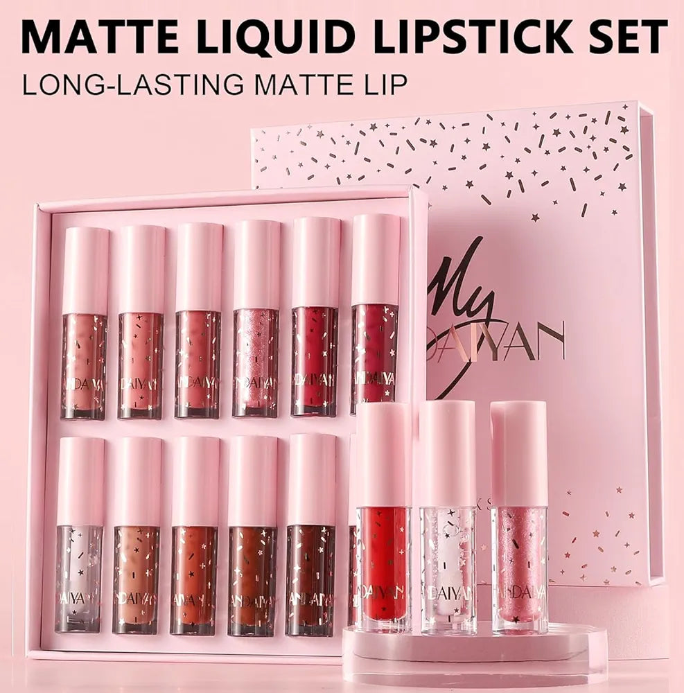 12-Piece Velvet Matte Liquid Lipstick Set with waterproof, long-lasting, non-sticky formula in stunning nude shades. Quick-drying with up to 24-hour stay, ideal for daily use or as a makeup gift for women. (2.5ML X 12 each)