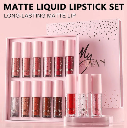 12-Piece Velvet Matte Liquid Lipstick Set with waterproof, long-lasting, non-sticky formula in stunning nude shades. Quick-drying with up to 24-hour stay, ideal for daily use or as a makeup gift for women. (2.5ML X 12 each)