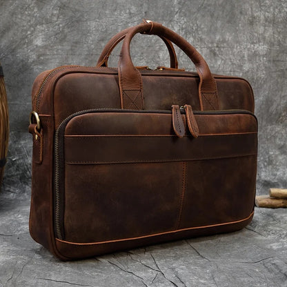 Premium 100% Genuine Cowhide Leather Unisex Briefcase – Handmade 16" Inch Vintage Executive Laptop, MacBook, Business & Office Shoulder Bag – Stylish, Durable & Perfect for Professionals.